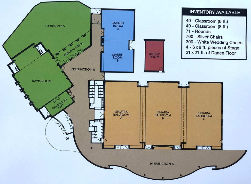 Building Floorplan of venue spaces and inventory of furniture at Centre Park of West Chester and Holiday Inn in Cincinnati OH for Indian weddings